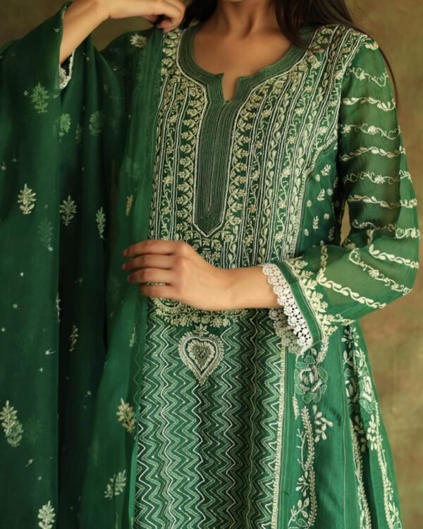 Bottle Green Noor Organza Chikankari Anarkali - Image 2
