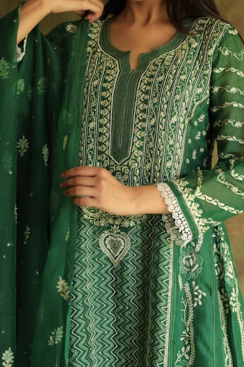 Bottle Green Noor Organza Chikankari Anarkali