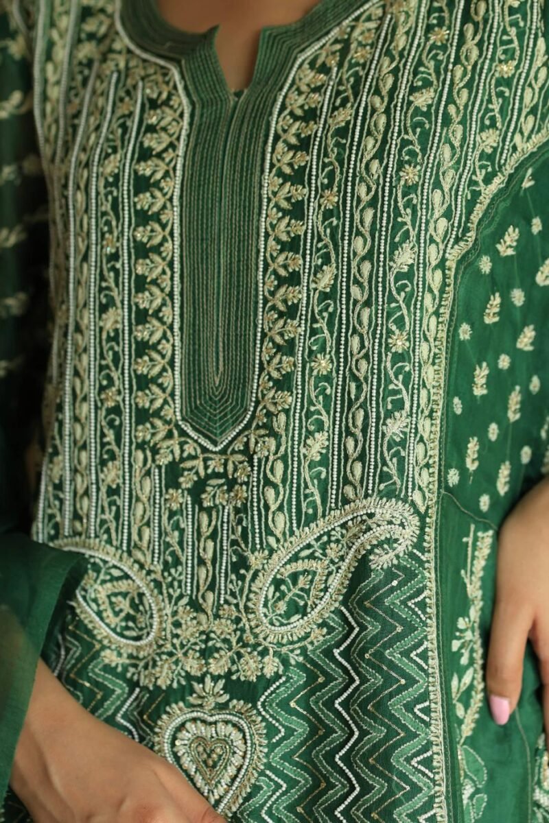Bottle Green Noor Organza Chikankari Anarkali