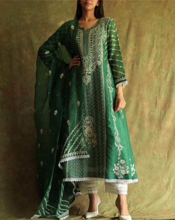 Bottle Green Noor Organza Chikankari Anarkali