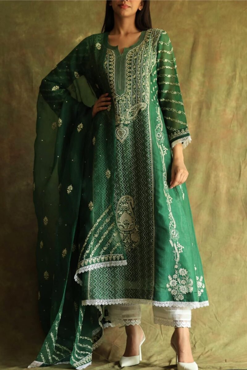 Bottle Green Noor Organza Chikankari Anarkali