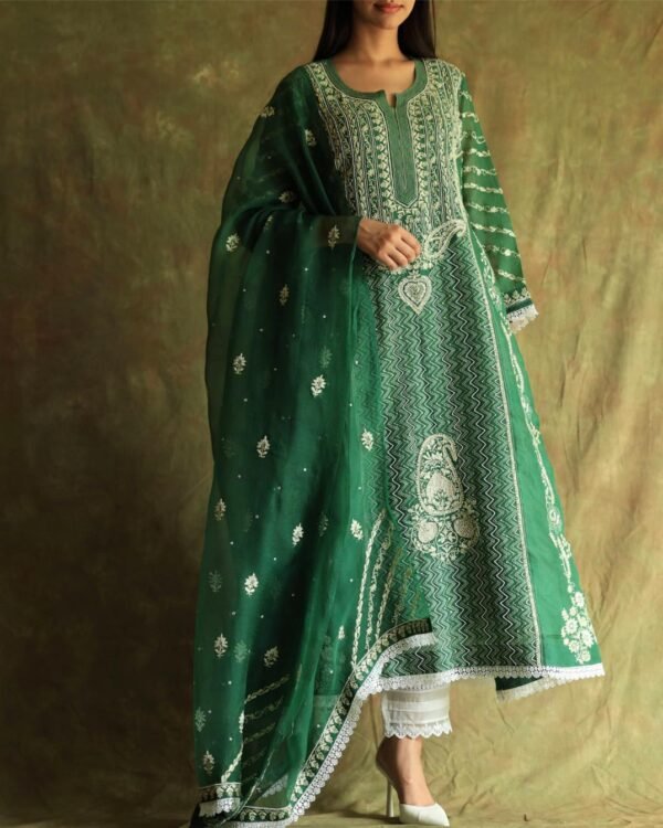 Bottle Green Noor Organza Chikankari Anarkali - Image 13