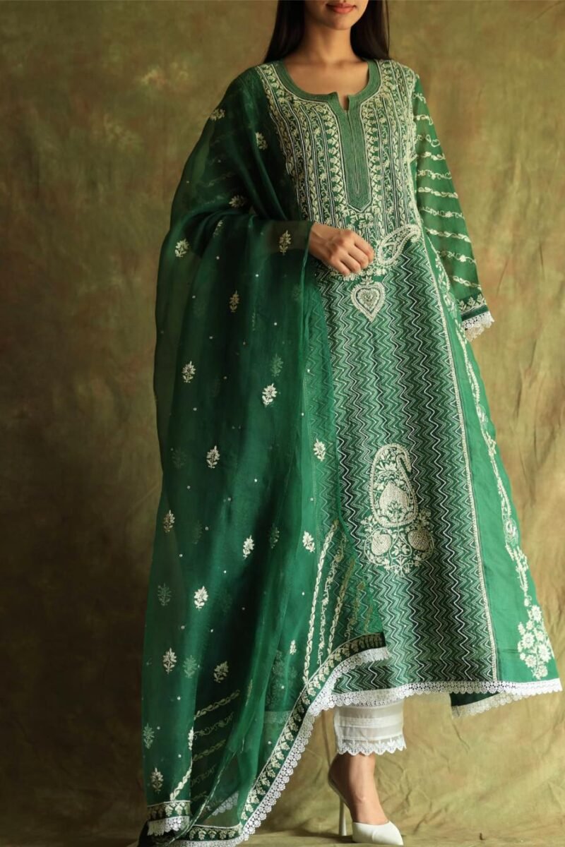 Bottle Green Noor Organza Chikankari Anarkali