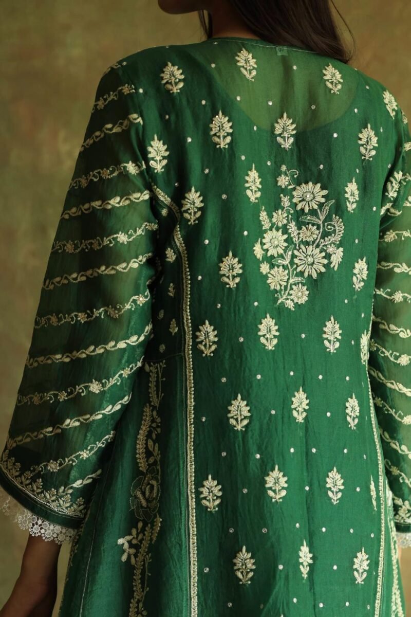 Bottle Green Noor Organza Chikankari Anarkali