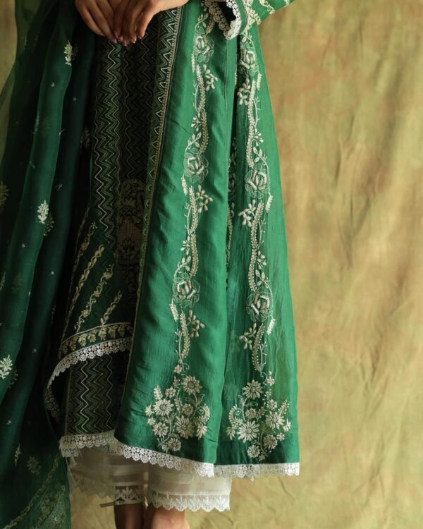 Bottle Green Noor Organza Chikankari Anarkali - Image 15