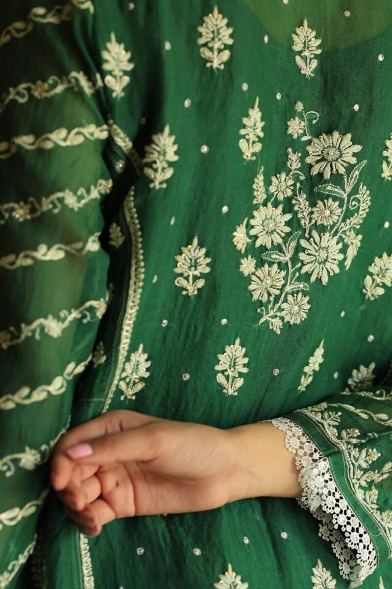 Bottle Green Noor Organza Chikankari Anarkali