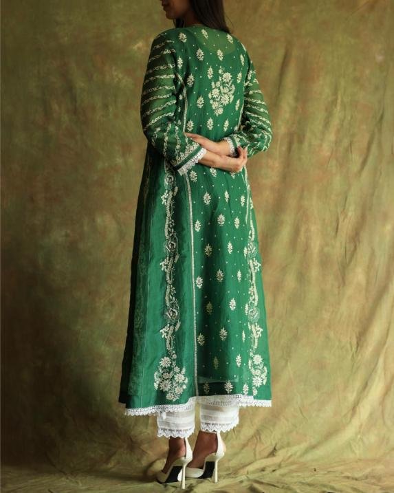 Bottle Green Noor Organza Chikankari Anarkali