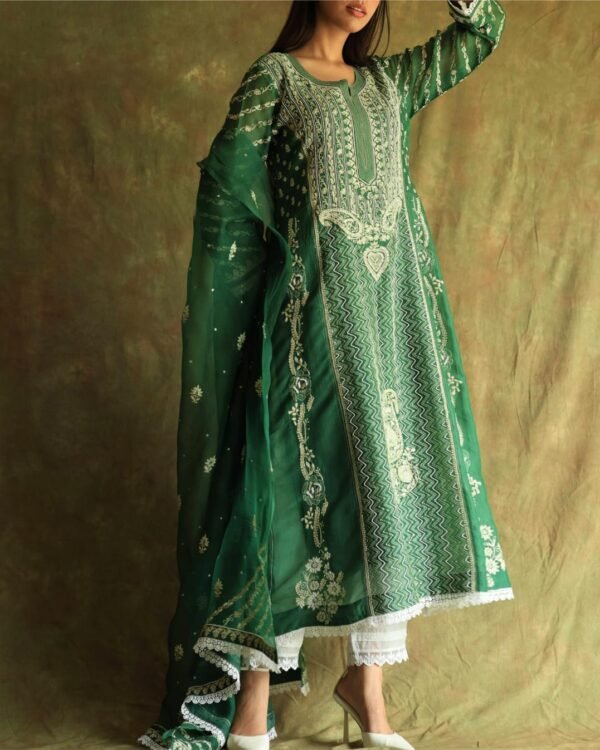 Bottle Green Noor Organza Chikankari Anarkali - Image 3