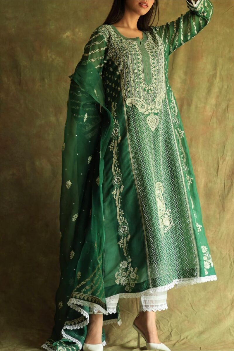 Bottle Green Noor Organza Chikankari Anarkali