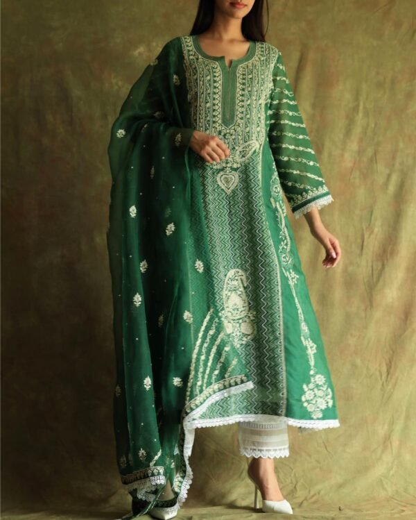 Bottle Green Noor Organza Chikankari Anarkali - Image 4