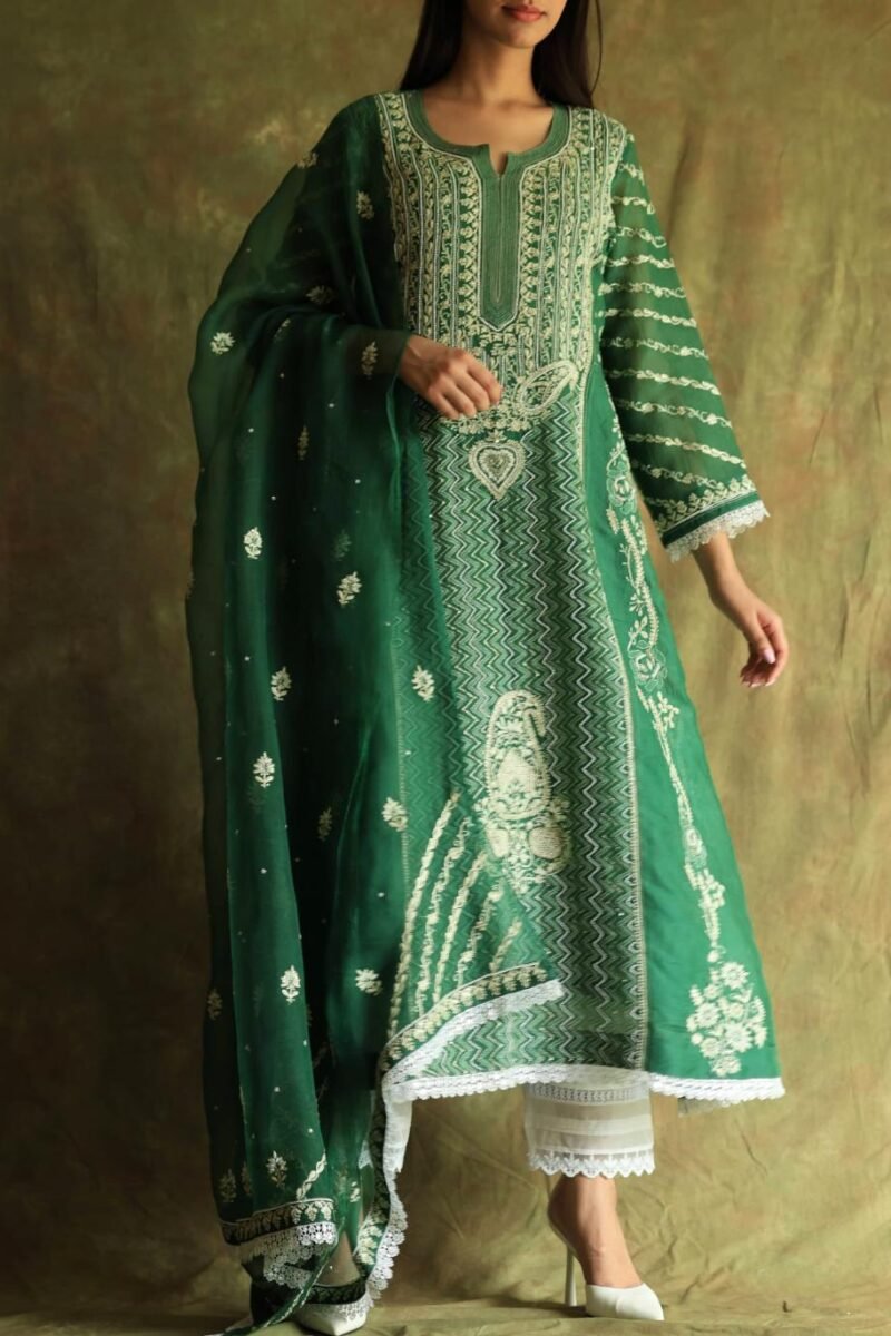 Bottle Green Noor Organza Chikankari Anarkali