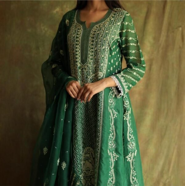 Bottle Green Noor Organza Chikankari Anarkali - Image 5