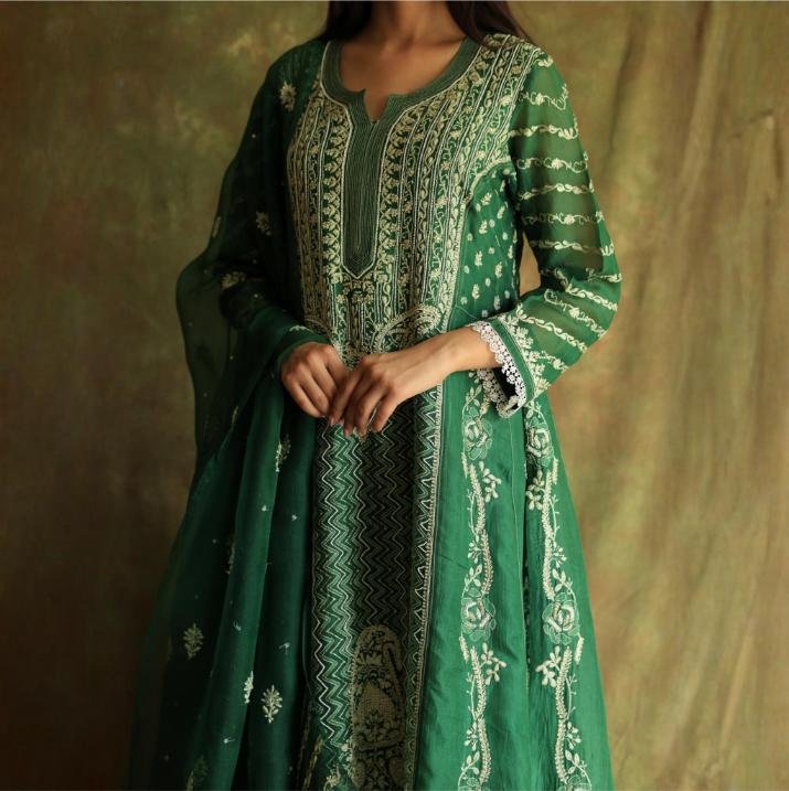 Bottle Green Noor Organza Chikankari Anarkali