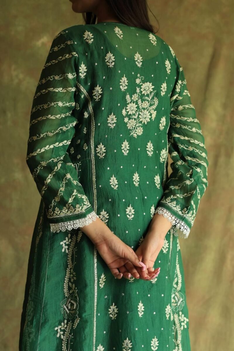 Bottle Green Noor Organza Chikankari Anarkali