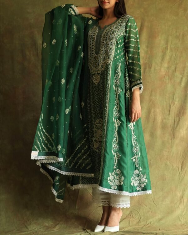Bottle Green Noor Organza Chikankari Anarkali - Image 10