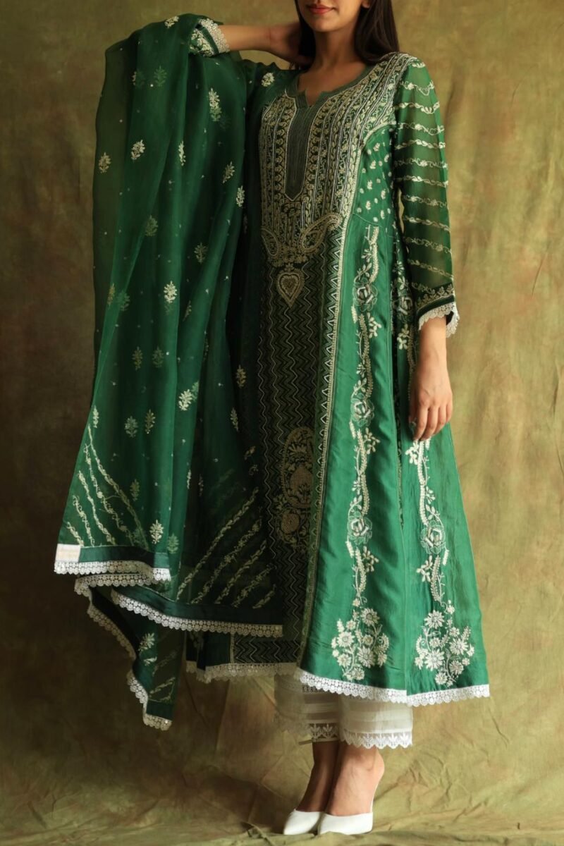 Bottle Green Noor Organza Chikankari Anarkali