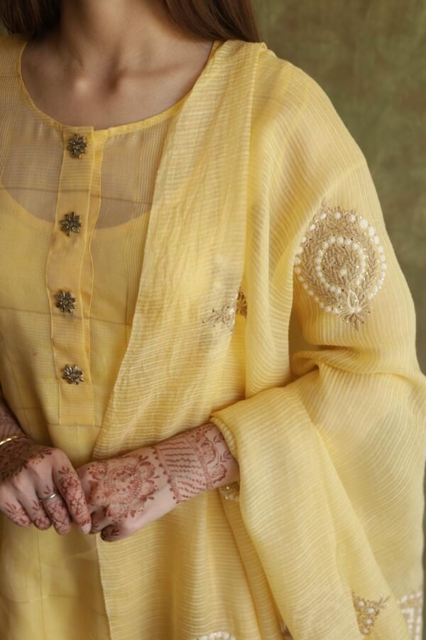 Butter Yellow Zari Kota Ready to Wear Kurta Set - Image 4