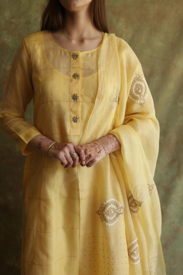 Butter Yellow Zari Kota Ready to Wear Kurta Set - Image 11
