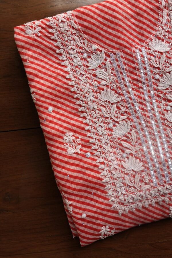 Carrot Pink Kota Cotton Chikankari Unstitched Kurta Fabrics - Image 3