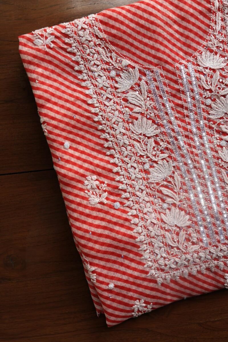 Carrot Pink Kota Cotton Chikankari Unstitched Kurta Fabrics