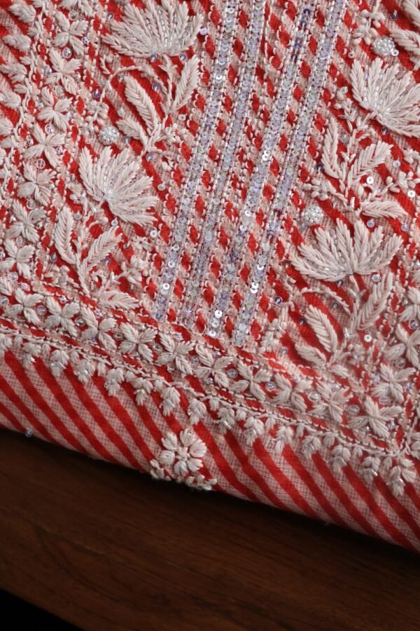 Carrot Pink Kota Cotton Chikankari Unstitched Kurta Fabrics - Image 4