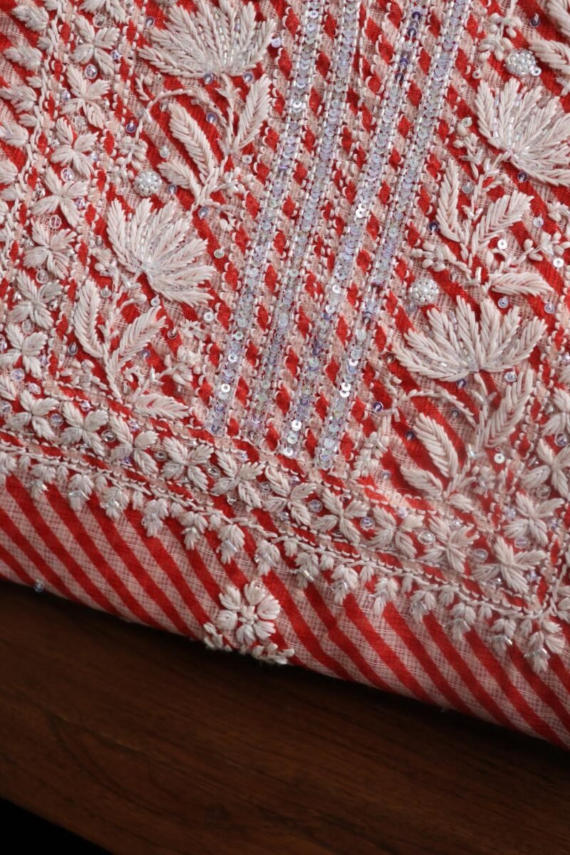 Carrot Pink Kota Cotton Chikankari Unstitched Kurta Fabrics