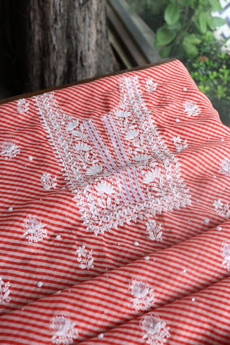 Carrot Pink Kota Cotton Chikankari Unstitched Kurta Fabrics