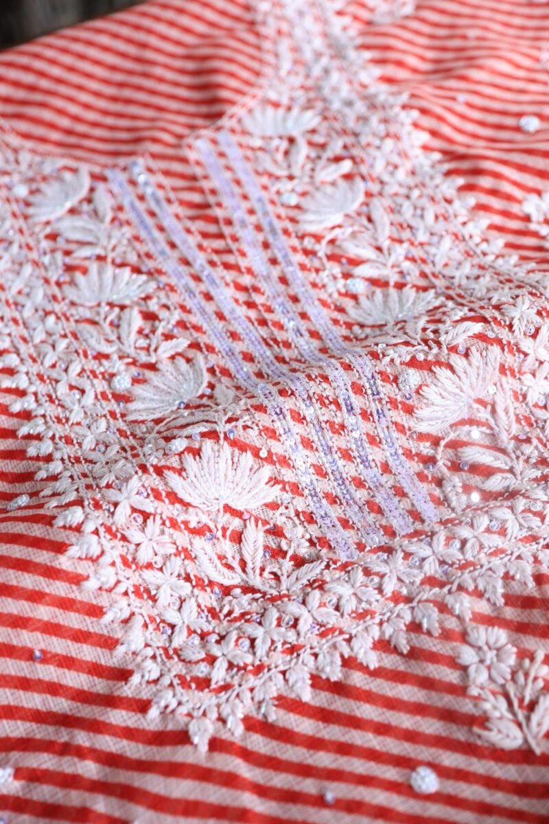 Carrot Pink Kota Cotton Chikankari Unstitched Kurta Fabrics