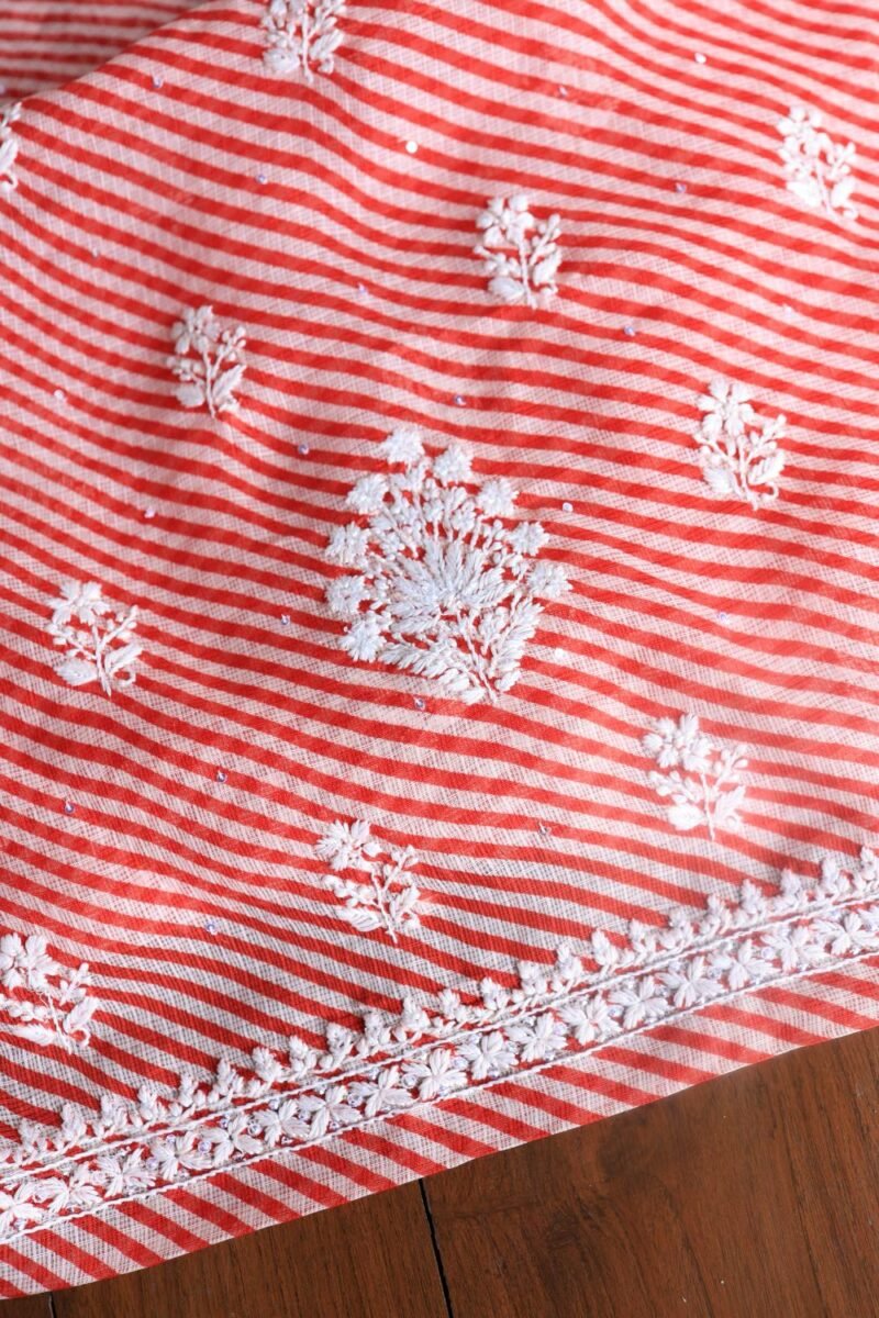 Carrot Pink Kota Cotton Chikankari Unstitched Kurta Fabrics