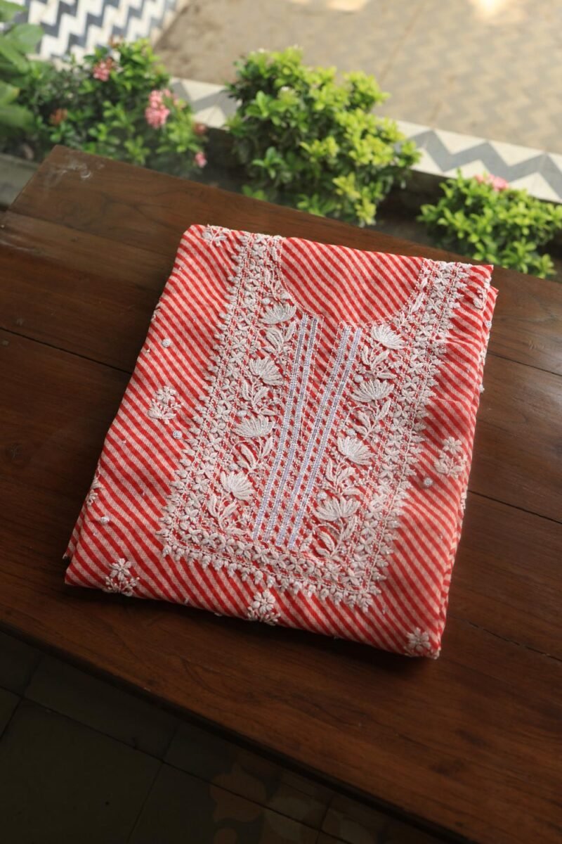 Carrot Pink Kota Cotton Chikankari Unstitched Kurta Fabrics