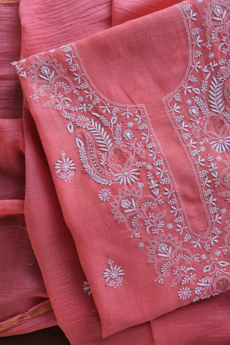 Carrot Pink Mal Cotton Chikankari Unstitched Kurta Dupatta Fabrics With Kamdani