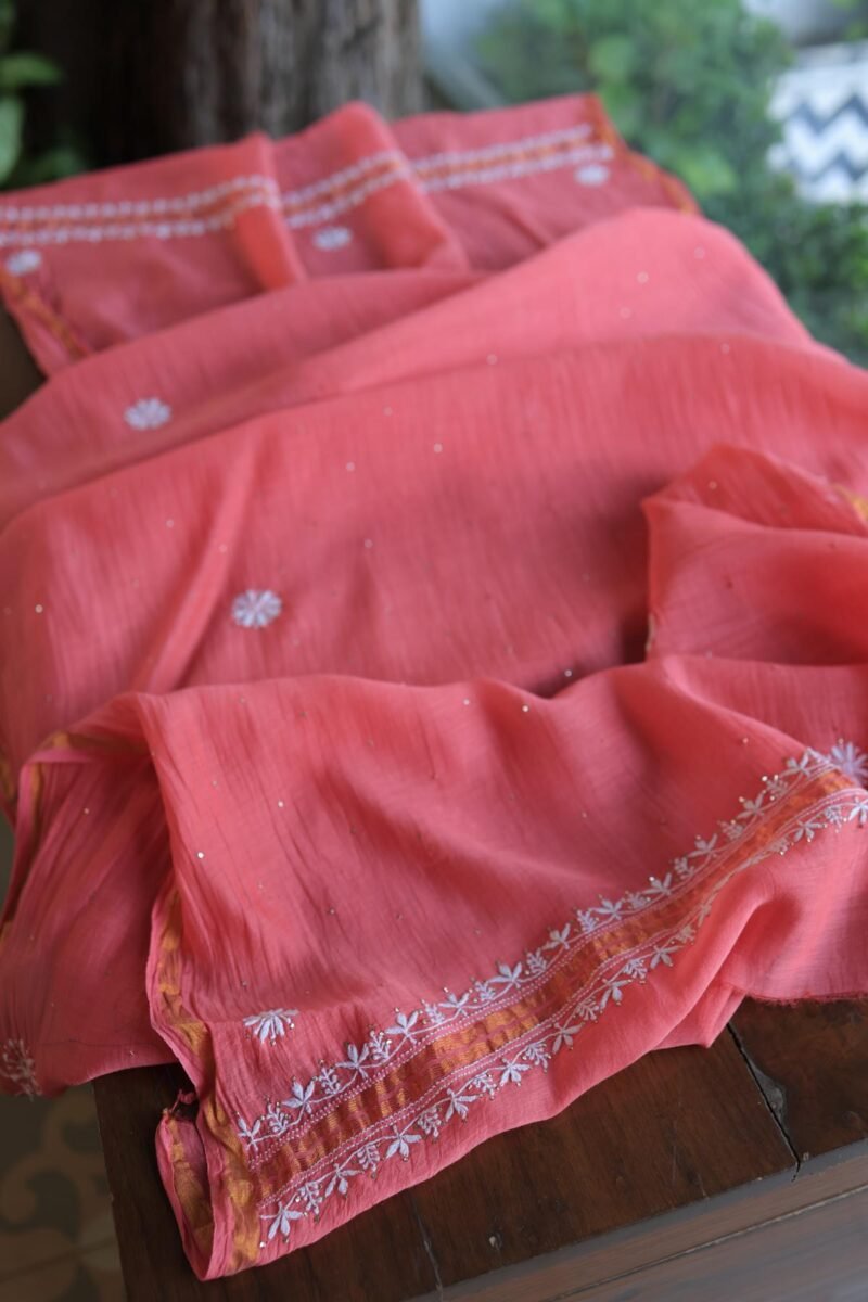 Carrot Pink Mal Cotton Chikankari Unstitched Kurta Dupatta Fabrics With Kamdani
