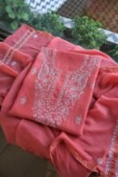 Carrot Pink Mal Cotton Chikankari Unstitched Kurta Dupatta Fabrics With Kamdani