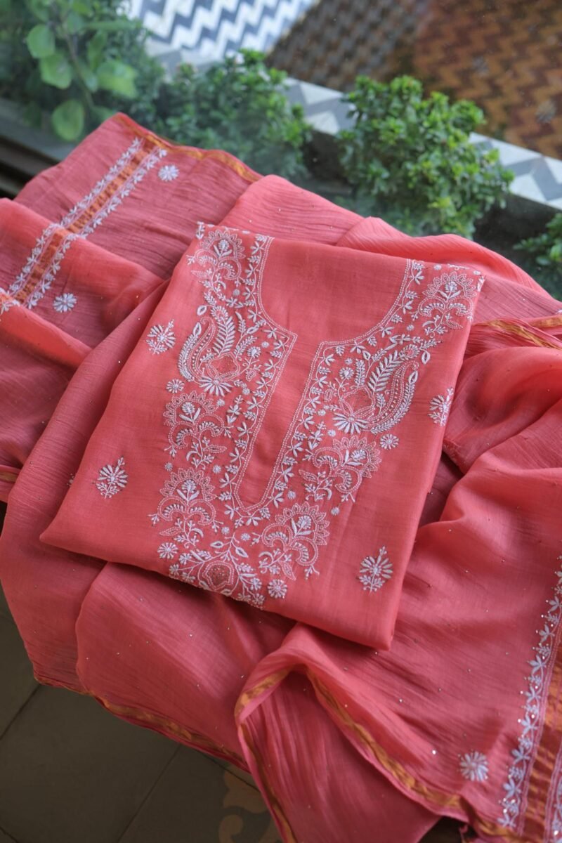 Carrot Pink Mal Cotton Chikankari Unstitched Kurta Dupatta Fabrics With Kamdani