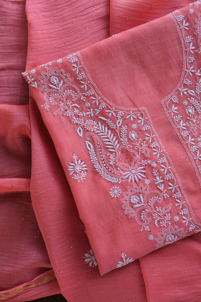 Carrot Pink Mal Cotton Chikankari Unstitched Kurta Dupatta Fabrics With Kamdani