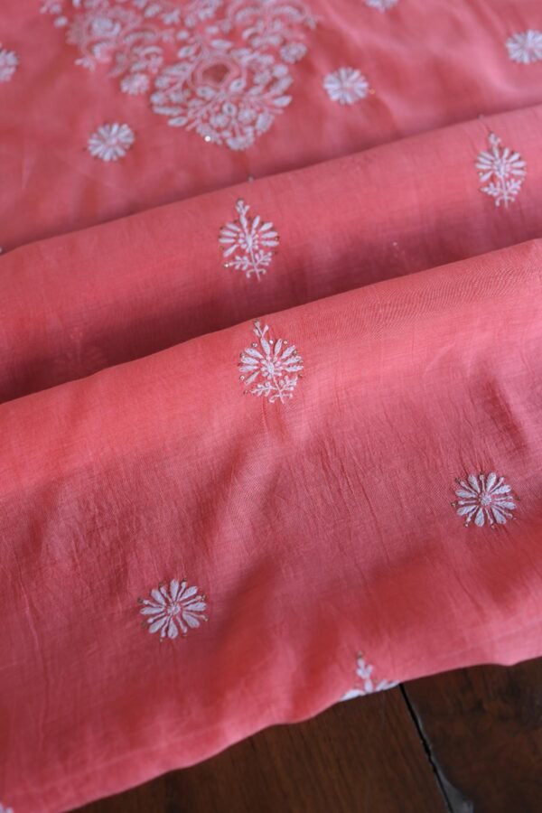 Carrot Pink Mal Cotton Chikankari Unstitched Kurta Dupatta Fabrics With Kamdani - Image 13
