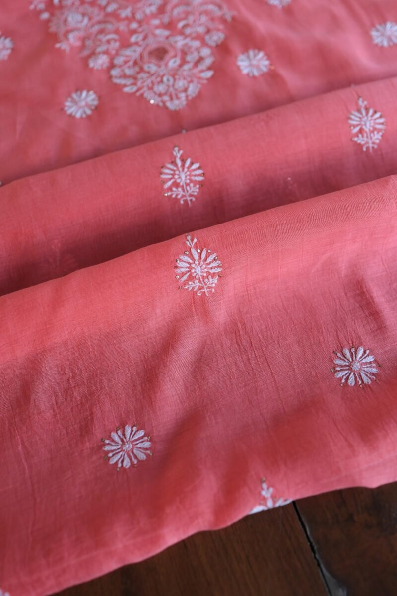 Carrot Pink Mal Cotton Chikankari Unstitched Kurta Dupatta Fabrics With Kamdani
