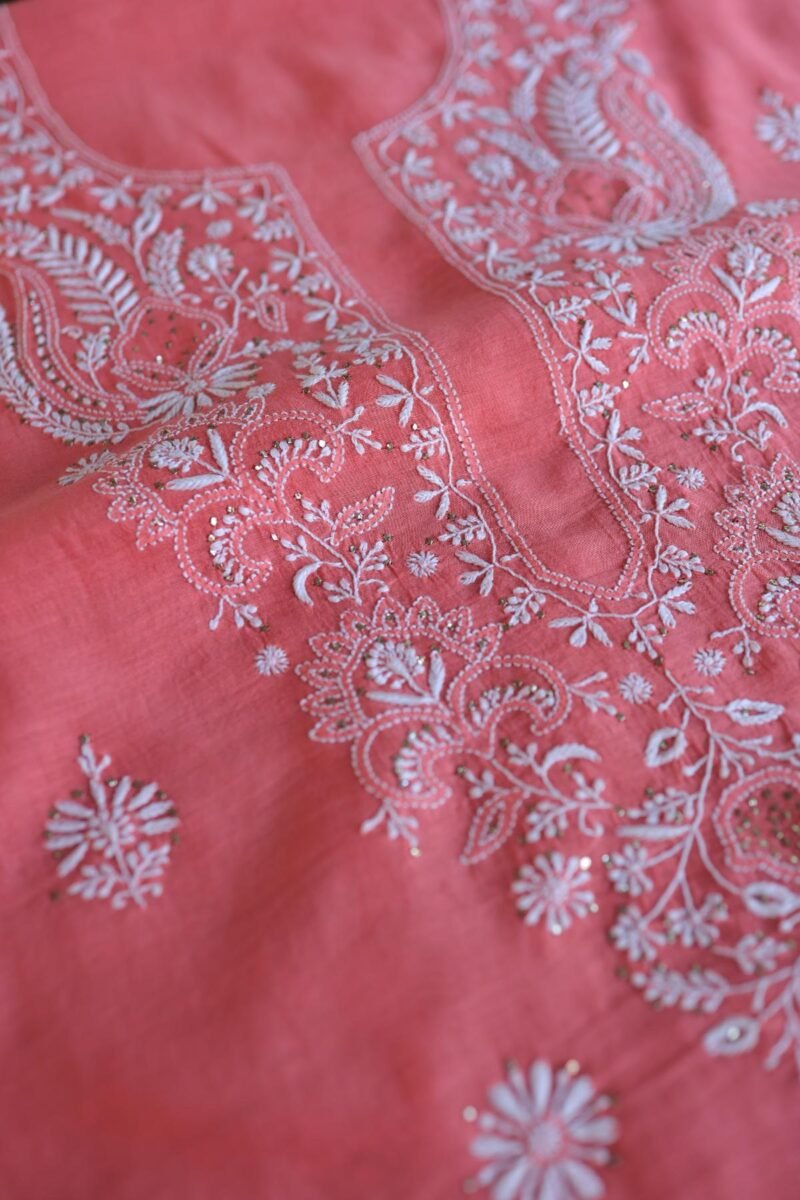 Carrot Pink Mal Cotton Chikankari Unstitched Kurta Dupatta Fabrics With Kamdani