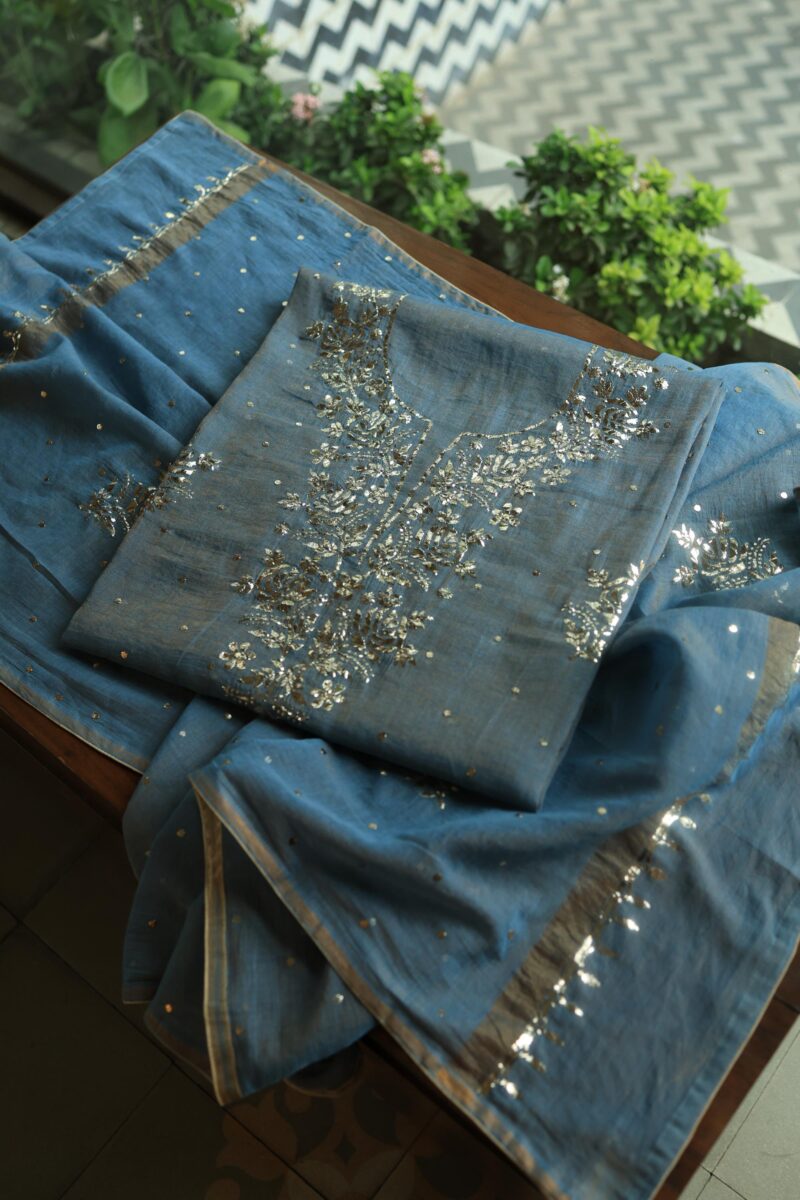 Dusk Blue Tissue Silk Mukaish Unstitched Fabrics