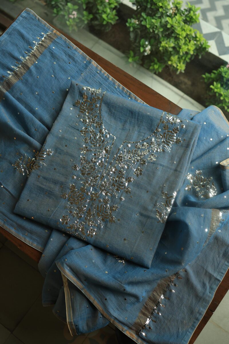 Dusk Blue Tissue Silk Mukaish Unstitched Fabrics