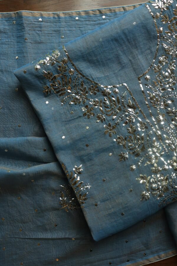 Dusk Blue Tissue Silk Mukaish Unstitched Fabrics - Image 15