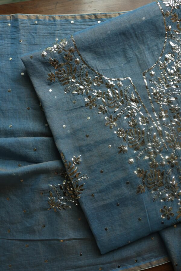 Dusk Blue Tissue Silk Mukaish Unstitched Fabrics - Image 11