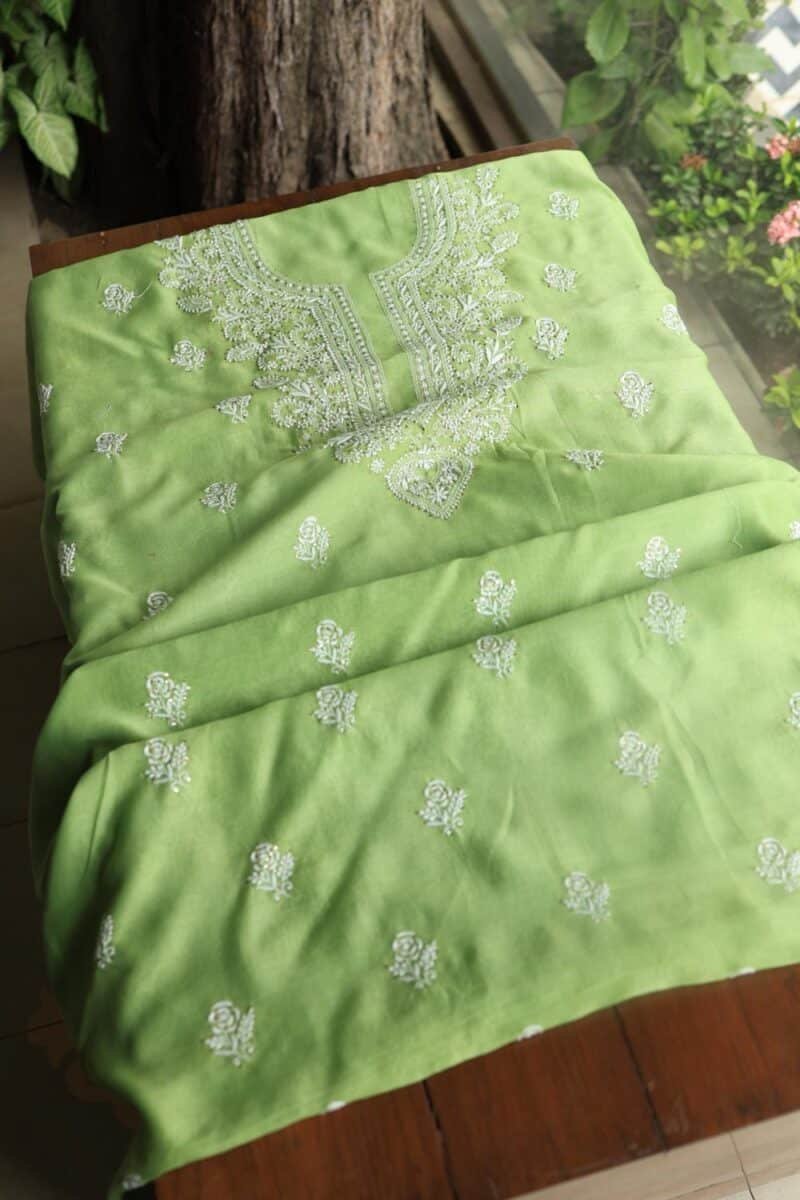 Green Mal Cotton Chikankari Unstitched Kurta Dupatta Fabrics With Kamdani