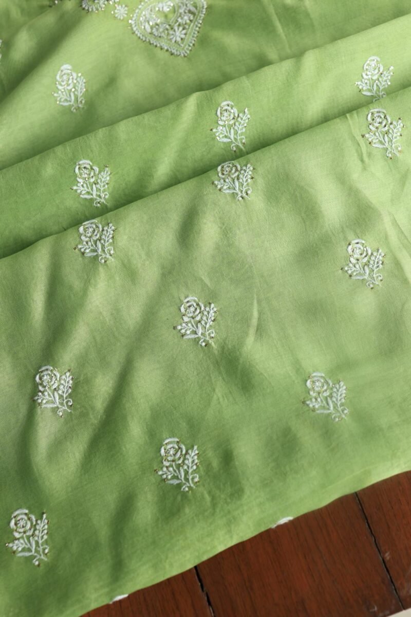Green Mal Cotton Chikankari Unstitched Kurta Dupatta Fabrics With Kamdani