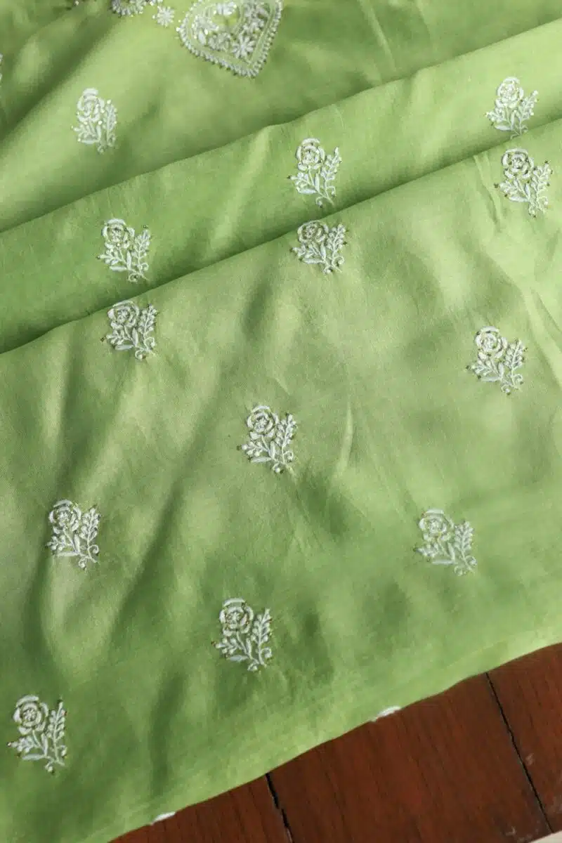Green Mal Cotton Chikankari Unstitched Kurta Dupatta Fabrics With Kamdani