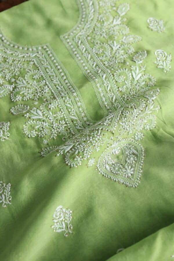 Green Mal Cotton Chikankari Unstitched Kurta Dupatta Fabrics With Kamdani - Image 3