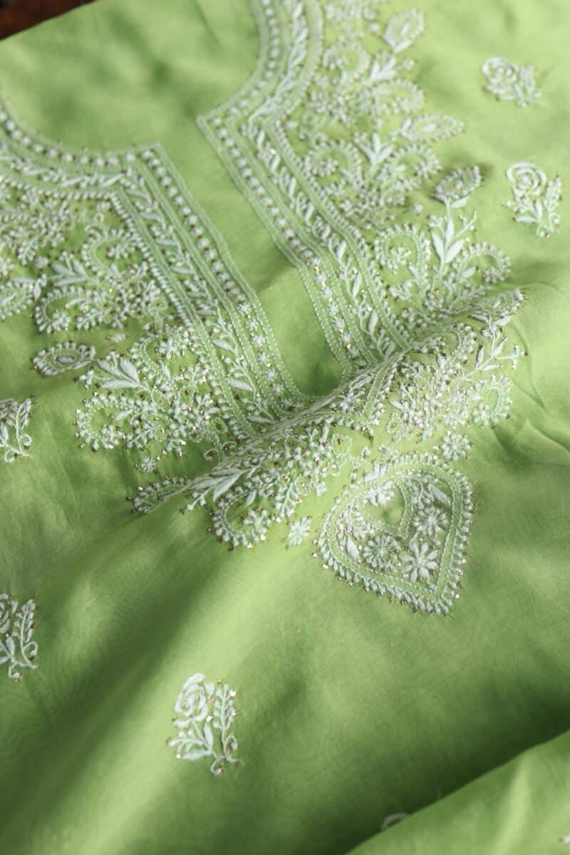 Green Mal Cotton Chikankari Unstitched Kurta Dupatta Fabrics With Kamdani
