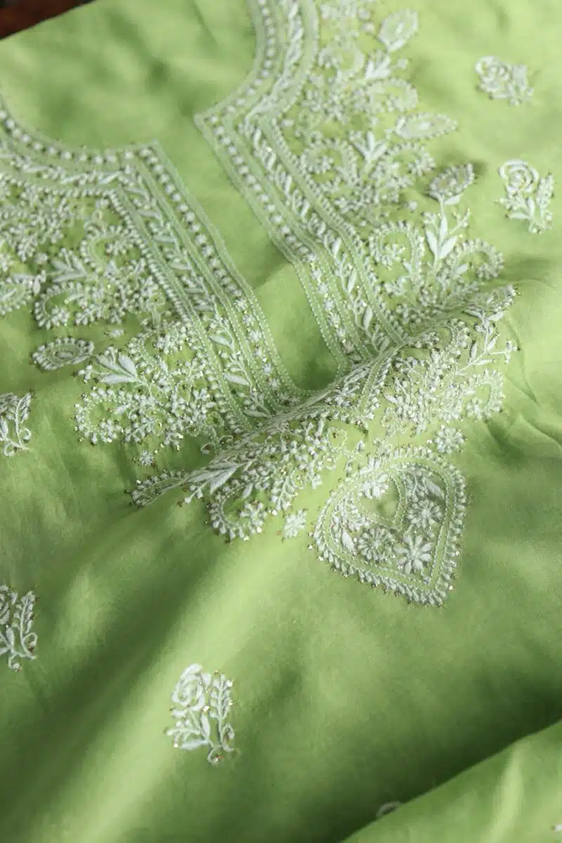 Green Mal Cotton Chikankari Unstitched Kurta Dupatta Fabrics With Kamdani