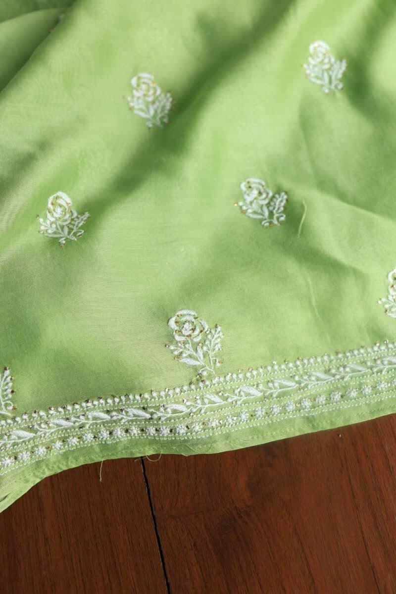 Green Mal Cotton Chikankari Unstitched Kurta Dupatta Fabrics With Kamdani