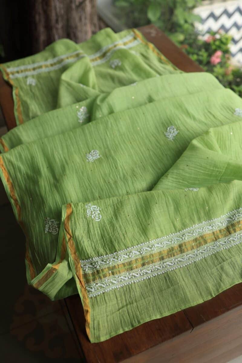 Green Mal Cotton Chikankari Unstitched Kurta Dupatta Fabrics With Kamdani